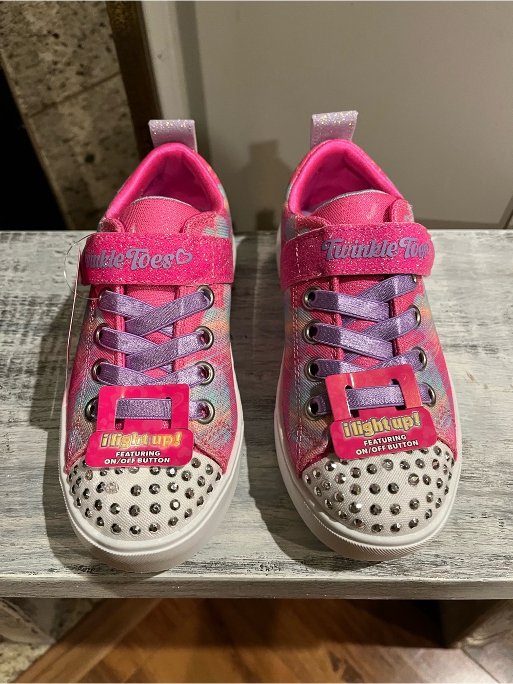 Skechers Girls' Light-Up Pink Multi Glitter Sneakers, on/off button